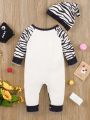 Infant Girls' Zebra Pattern Patchwork Jumpsuit With Slogan Print