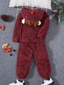 SHEIN Toddler Boys' Leisure Cartoon Embroidery 3d Shape Fleece Hoodie And Knitted Pants Set