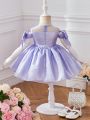 SHEIN Infant Girls' Gorgeous Shiny Silk Patchwork Mesh Dress With Bowknot Detail, Suitable For Formal Occasions