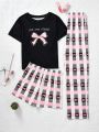 SHEIN 3pcs/Set Tween Girl'S Daily Casual Knit Round Neck Short-Sleeved T-Shirt With Slogan Print And Shorts And Long Pants For Home
