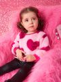 Baby Girl Heart Print Drop Shoulder Fuzzy Sweatshirt
