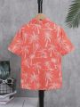 SHEIN Teenage Boys' Casual Coconut Tree Printed Beach Summer Woven Short Sleeve Shirt For Vacation
