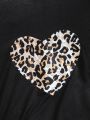 2pcs/Set Teen Girls' Leopard Print Heart Design Short Sleeve T-Shirt And Leggings