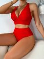 SHEIN DD+ Women'S Solid Color Textured Bikini Swimsuit Set With V-Neck