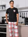 Men's Short-Sleeved Checkered Pants With Peach Heart Print Homewear Set