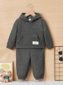 SHEIN Baby Boy Letter Patched Kangaroo Pocket Hoodie & Sweatpants