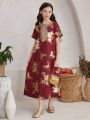 SHEIN Kids Nujoom 1pc Tween Girl's Gold Flower Print & Lace Patchwork Dress