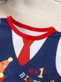 Baby Boys' Fashionable Cartoon Slogan Printing Spliced Long Sleeved Jumpsuit