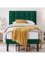 Flolinda Twin Bed Frame with Velvet Upholstered Headboard Modern Twin Platform Bed Frame for Girls and Boys No Box Spring Needed, Easy Assembly, Green