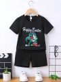 SHEIN Kids EVRYDAY 2pcs/Set Young Boy Easter Casual Dinosaur Hatching Egg Print Short Sleeve T-Shirt And Shorts Outdoor Summer Outfits