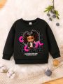 Little Girls' Cartoon Character & Letter Printed Fleece Pullover Sweatshirt With Round Neckline