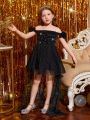 SHEIN Young Girl Cold Shoulder Contrast Sequin Mesh Overlay Dress