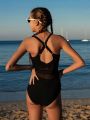 Teen Girl's Sheer Mesh Splice One-Piece Swimsuit