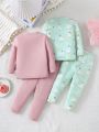 Baby Girl'S Cute Duck Print Long Sleeve Bodysuit And Pants Tight Fit Sleepwear Set In Two Colors