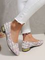 Women's Knitted Tip Low Heel Flat Shoes With Colorful Pattern, Electroplated Golden Trimmed Sole