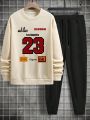 Men's Plus Size Letter Printed Fleece Lined Hoodie And Jogger Pants Set