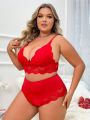Plus Size Lace Splicing Bra And Panty Set With Scallop Shell Edge
