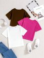 Girls' Summer Short Sleeve Round Neck Printed Sporty & Casual Comfortable Loose Fit T-shirts, 3pcs/set