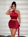 SHEIN SXY Sexy Clubwear Spring 3d Flower Velvet Party Dress Two Pieces Outfits For Women, Valentine's Day