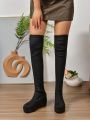 New Arrival Women's Fashionable And Versatile Black Knitted Wedge Heel Platform Boots For Comfort