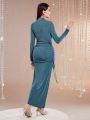 SHEIN Modely Drawstring Waist Design Long Sleeve Bodycon Dress