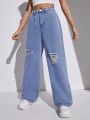 SHEIN Teen Girl High Waist Slant Pocket Loose-Fitting Ripped Denim Pants  Wide Leg Denim Pants Middle Blue Washed Baggy Summer Jeans