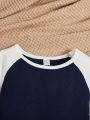 SHEIN Teen Girls' Knitted Ribbed Splice Color Raglan Sleeve Dress