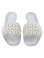 Women's Sparkle Pearl Flat Sandals Fashion Square Open Toe Jeweled Slides Slip on Rhinestone Bling Slippers