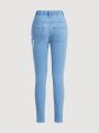 SHEIN Tween Girls' High Waisted Elastic Waistband Heart Print Skinny Jeans, Comfortable And Fashionable