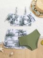 Baby Girls' Swimsuit 3pcs Set With Sun Protection Skirt, Tropical Flower Printed Vacation Style For Summer