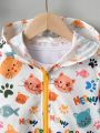 SHEIN Kids HYPEME Little Girls' Cute Cat Pattern Printed Hooded Jacket With Oversized Fit And Drop Shoulders