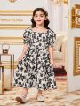 SHEIN Kids Nujoom Young Girl's Casual Square Neck Back Bowknot Decor Color Block Midi Dress
