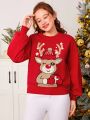 Teen Girl Christmas Elk Pattern Drop Shoulder Sweater