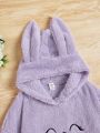 SHEIN Kids QTFun Girls' Knitted Teddy Bear Hoodie With Embroidered Rabbit Pattern, Loose Fit