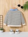 SHEIN Baby Boys' Denim Look Striped Long Sleeve Polo Shirt With Letter Embroidery