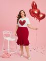 SHEIN Clasi Plus Size Sparkly Heart Print T-shirt With Ruffled Hem, And Half-body Skirt Set