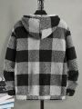 SHEIN Men Buffalo Plaid Print Zip Up Drawstring Hooded Teddy Jacket Without Sweater