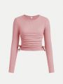 Teenage Girls' Knitted Solid Color Waffle-grid Round Neck Puff Sleeve T-shirt