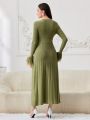SHEIN Modely Ladies' Pearl Bead Embellished Plush Sleeve Trim Fitted Sweater Dress