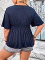 Plus Size Solid Color Shirred Gathered Waist T-Shirt
