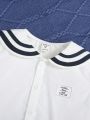 SHEIN Kids Academe Young Boy Color Block Collar Shirt & Shorts Set With Alphabet Badge Detailing