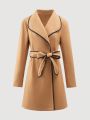 Women'S Wool Blend Coat With Contrast Trim And Belt