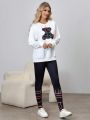 Women'S Bear Print Sweatshirt With Geometric Pattern Patchwork Leggings Set