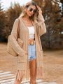 SHEIN VCAY Women's Solid Color Fringed Hem Open Front Cardigan