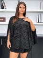 SHEIN Privé Plus Size Women'S Spring Clothing Cape Sleeve Glittery Party Shirt