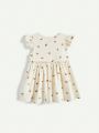 Cozy Cub Baby Girl Cherry Print Round Neck Dress With Ruffled Hem And Waistline