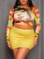 SHEIN Slayr Plus Size Short Printed Top And Solid Color Skirt Two Pieces Set