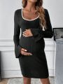 SHEIN Maternity Contrast Binding Flounce Sleeve Bodycon Dress