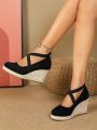 Women's Ankle Strap Espadrille Shoes, Vacation Black Suede Platform Wedges With Rope Sole