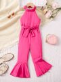 SHEIN Kids HYPEME Little Girls' Fashionable Sleeveless Jumpsuit With Slim Fit Flared Pants For Spring & Autumn